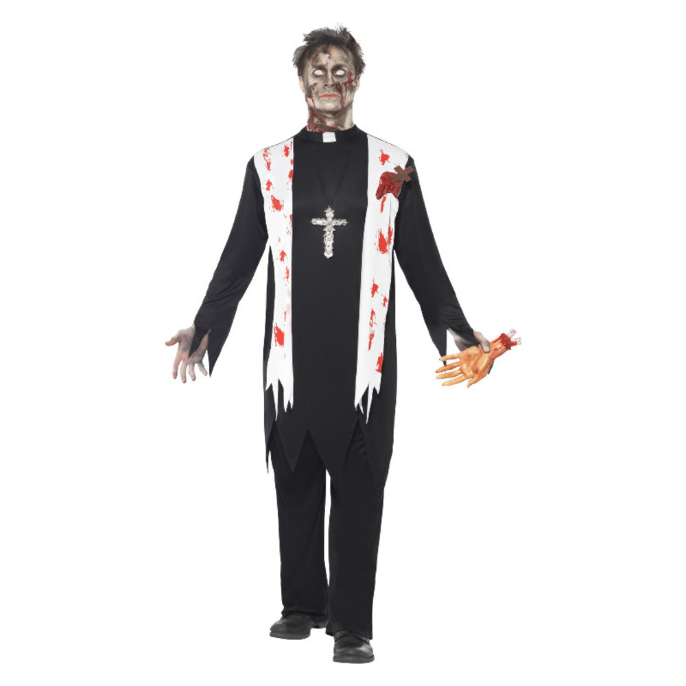Costume Zombie Prete, comprende Top Insanguinato, Ferita in