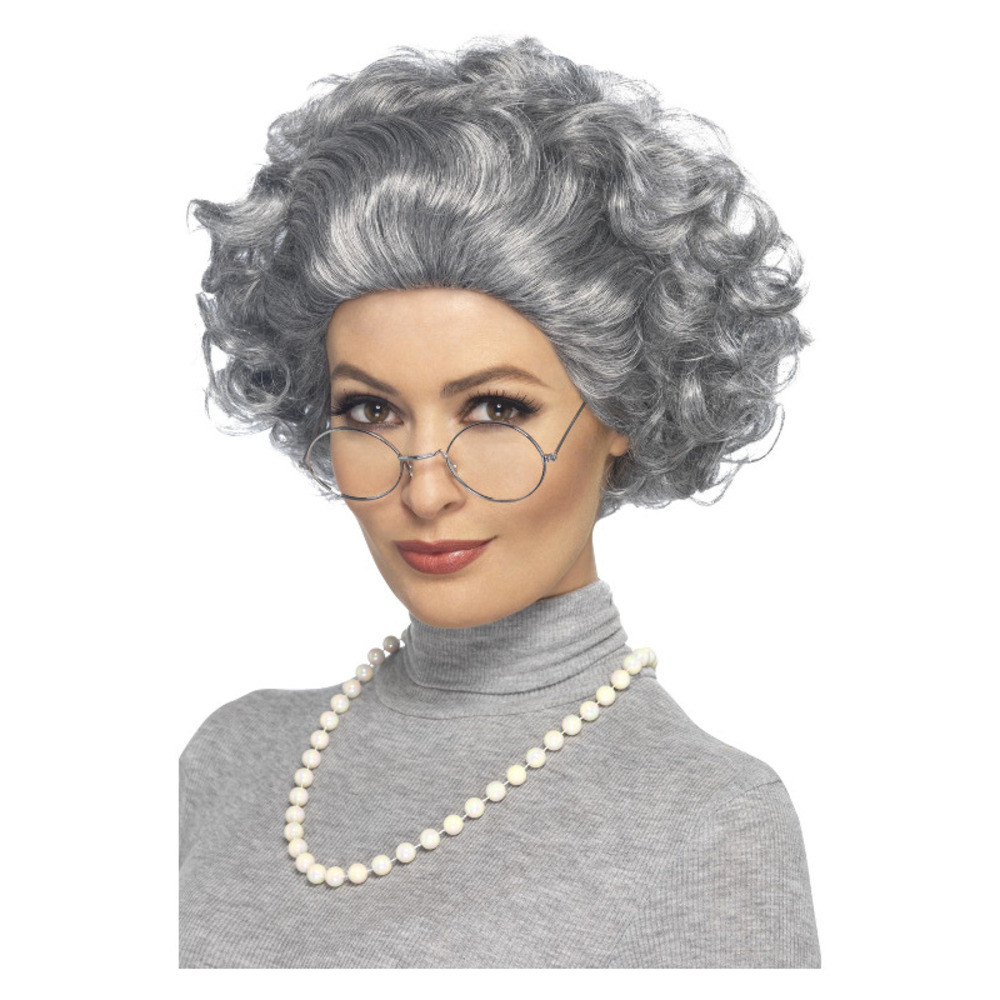 Kit Nonna, grigio, con parrucca, occhiali e collana di perle Babilonia Shop